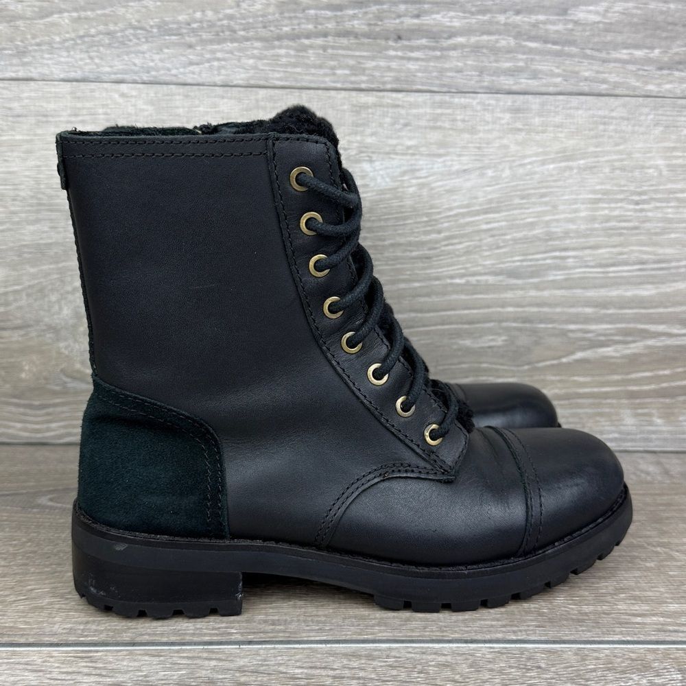 Ugg Kilmer II Exposed Fur Womens Sz 5.5 Black Leather Zip Lace 8-Eye Combat Boot